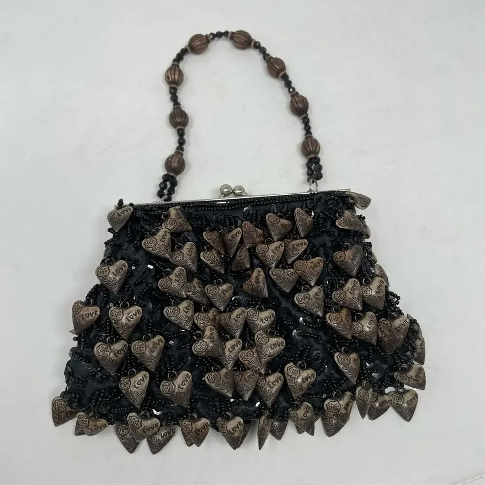Vintage 80's Love Heart Beaded Kiss Lock Evening Bag
